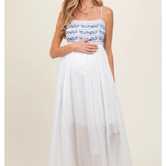 Pinkblush Navy Blue Floral Embroidered Lace-Up Back Maternity Maxi Dress - Picture 6 of 9